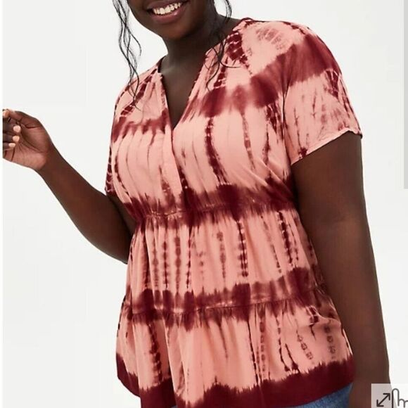 Torrid Peach / Burgandy Tie-Dye BABYDOLL RAYON TWILL BUTTON-FRONT top - Picture 1 of 7